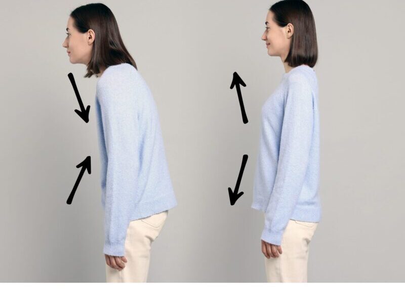 イメージ図: 右:正しい姿勢で、横隔膜がしっかり上下に動いているイラスト 左:猫背の姿勢で、内臓に圧迫されて横隔膜の動きが制限されているイラスト