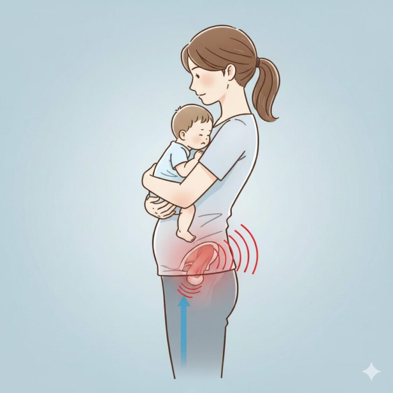 (イメージ図:抱っこ時の反り腰・猫背で骨盤底筋に負荷がかかるイメージ図)