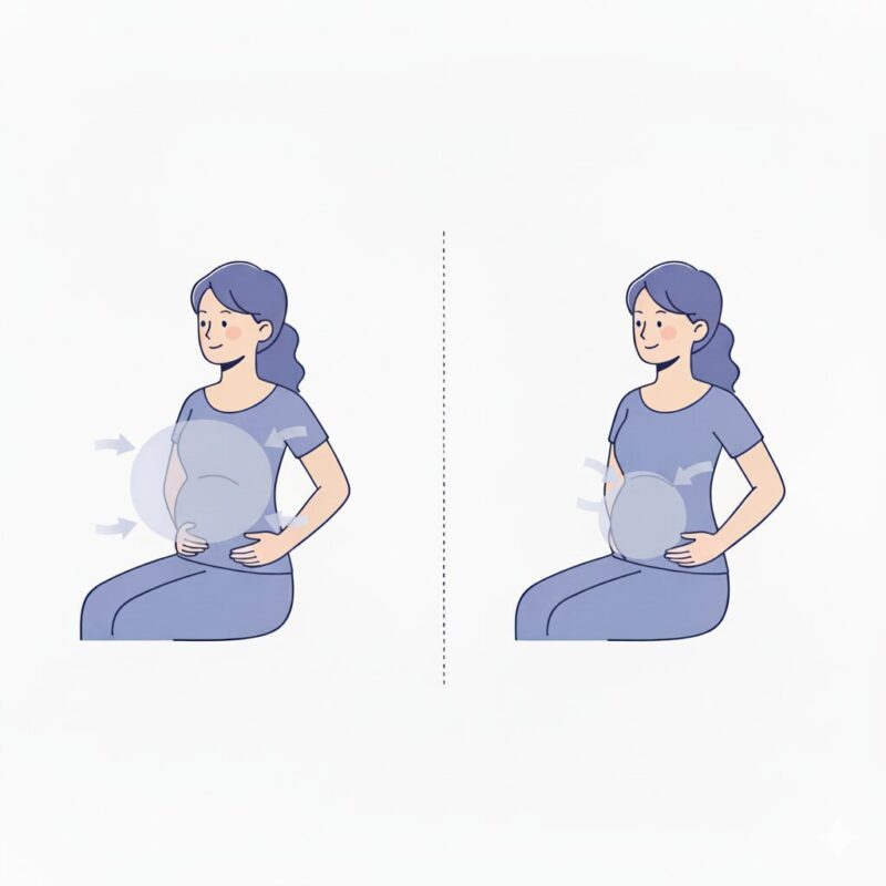 イメージ図:女性が座って両手を肋骨に当て、息を吸って胸郭が風船のように横に広がる様子と、息を吐いてしぼむ様子の比較イラスト